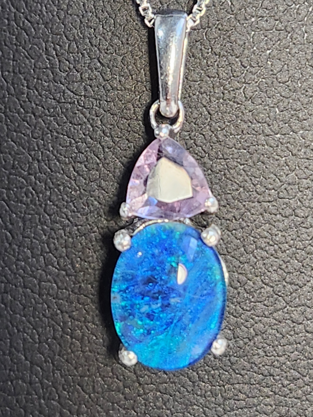 VTG 925 Natural Blue Fire Opal & Amethyst Pendant Necklace 18"